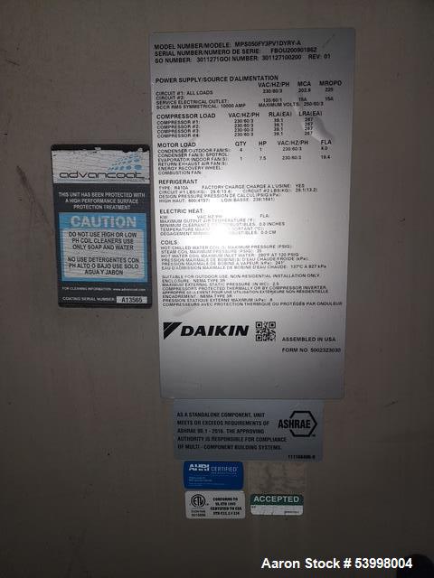 Used Daikin 50 Ton Rooftop Refrigeration Chiller – Model MPS050FY3PV1DYRY-A, R410A, Never Installed