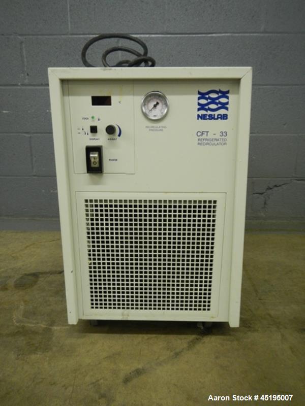 Used Neslab Air Cooled Refrigerated Chiller, Model CFT-33.  Approximately 0.27 ton, R134A refrigerant, 40 degree F minimum temperature, 115 volt, serial #796080006.