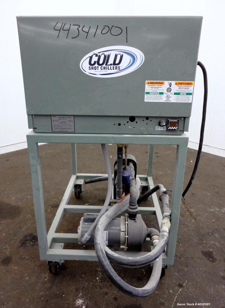 Used Cold Shot Chiller, 2 Tons, Model ACWC-24-ERF. Air cooled, 1/208/230 Volts, 60 hertz. Freon: 2.5# R-22. Includes a 1hp pump. Mounted on a frame with casters.