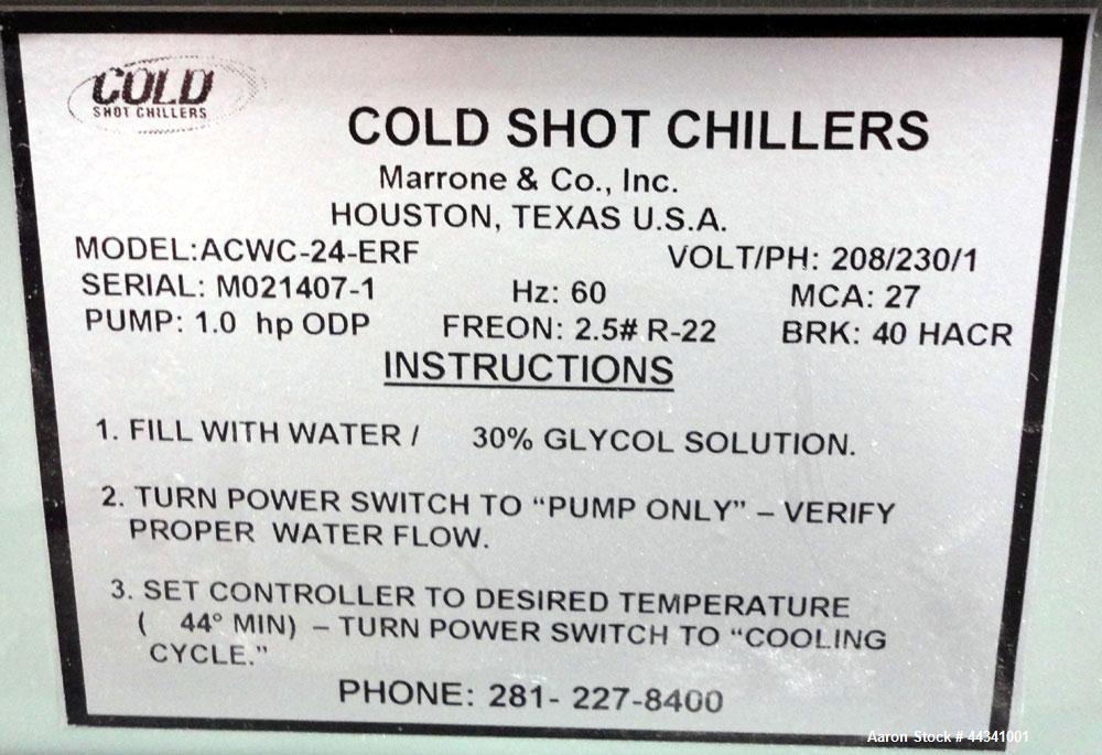 Used Cold Shot Chiller, 2 Tons, Model ACWC-24-ERF. Air cooled, 1/208/230 Volts, 60 hertz. Freon: 2.5# R-22. Includes a 1hp pump. Mounted on a frame with casters.
