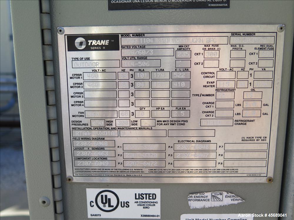 Used Trane 110T Air Cooled Rotary Liquid Chiller, Model RTAA 1104 XT01 A3C0 JGKN BFC, Serial # U07E03879.  Built in 2007.