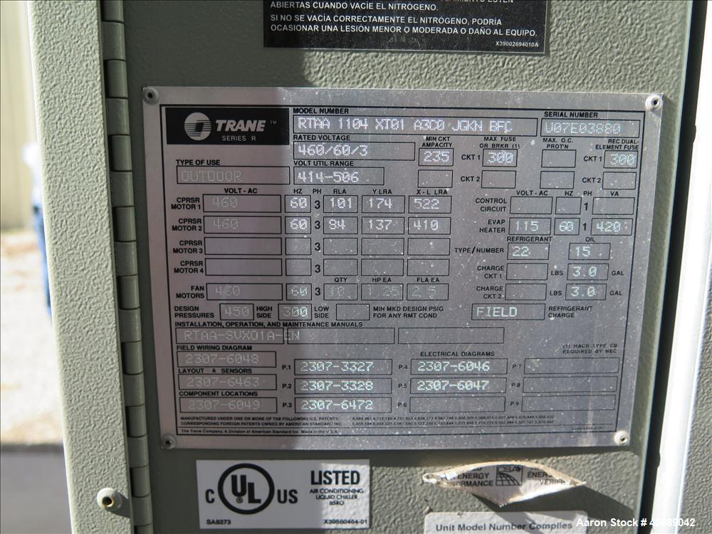 Used Trane 110T Air Cooled Rotary Liquid Chiller, Model RTAA 1104 XT01 A3C0 JGKN BFC, Serial # U07E03880.  Built in 2007.