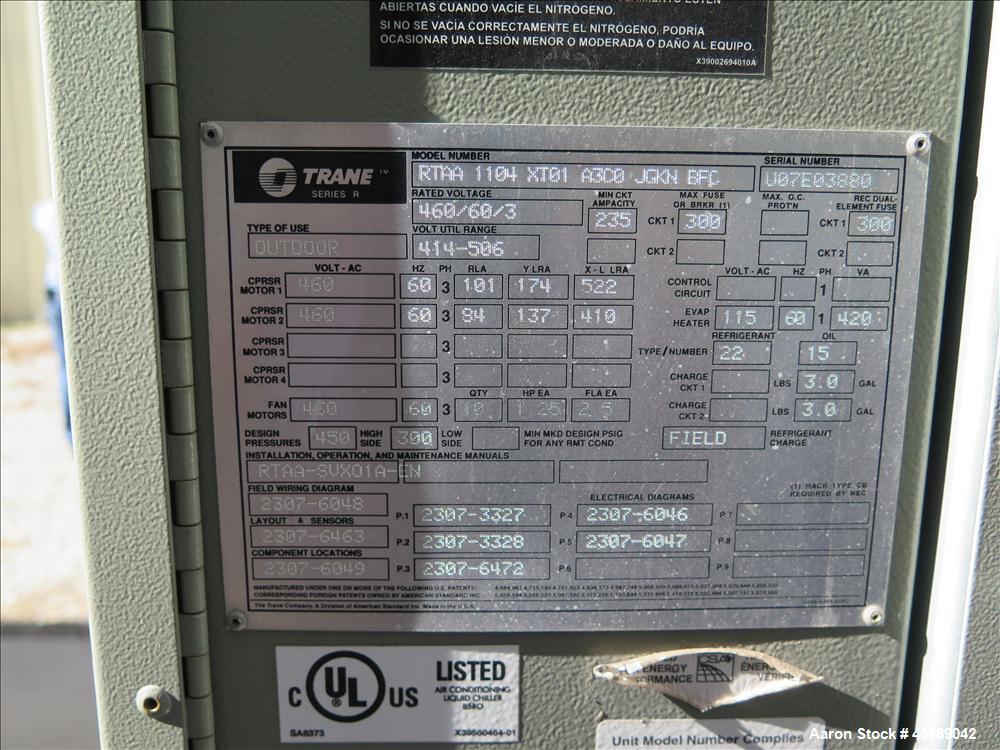 Used- Trane 110T Air Cooled Rotary Liquid Chiller, Model RTAA 1104 XT01 A3C0 JGKN BFC, Serial # U07E03880.  Built in 2007.