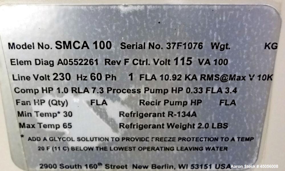 Unused- Sterlco Portable Chiller, Model SMCA 100, Nominal 1.6 Tons, Air Cooled. Gallons per minute 2.0 to 4.8, psig range 2.5 to 5, temperature range 30 to 65 degrees F. 2 Pound charge of R-134A refr...