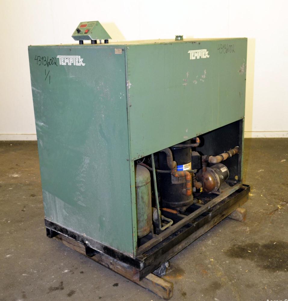 Used Temptek Air Cooled Chiller, Model A-10. Approximately 10 tons. Temperature range 20-60 degrees F. 3/60/460 volt.  Maximum operating pressure 100 psi, media water/glycol. Includes a digital contr...