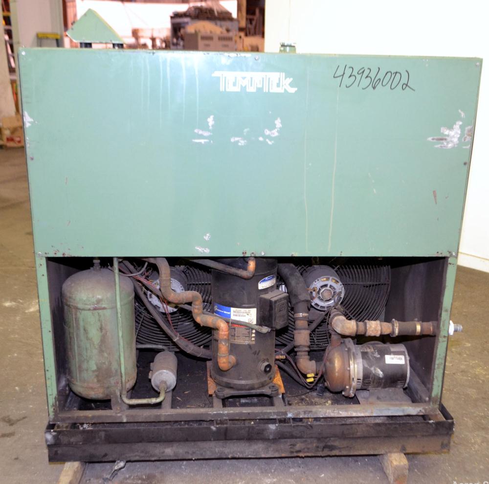 Used Temptek Air Cooled Chiller, Model A-10. Approximately 10 tons. Temperature range 20-60 degrees F. 3/60/460 volt.  Maximum operating pressure 100 psi, media water/glycol. Includes a digital contr...