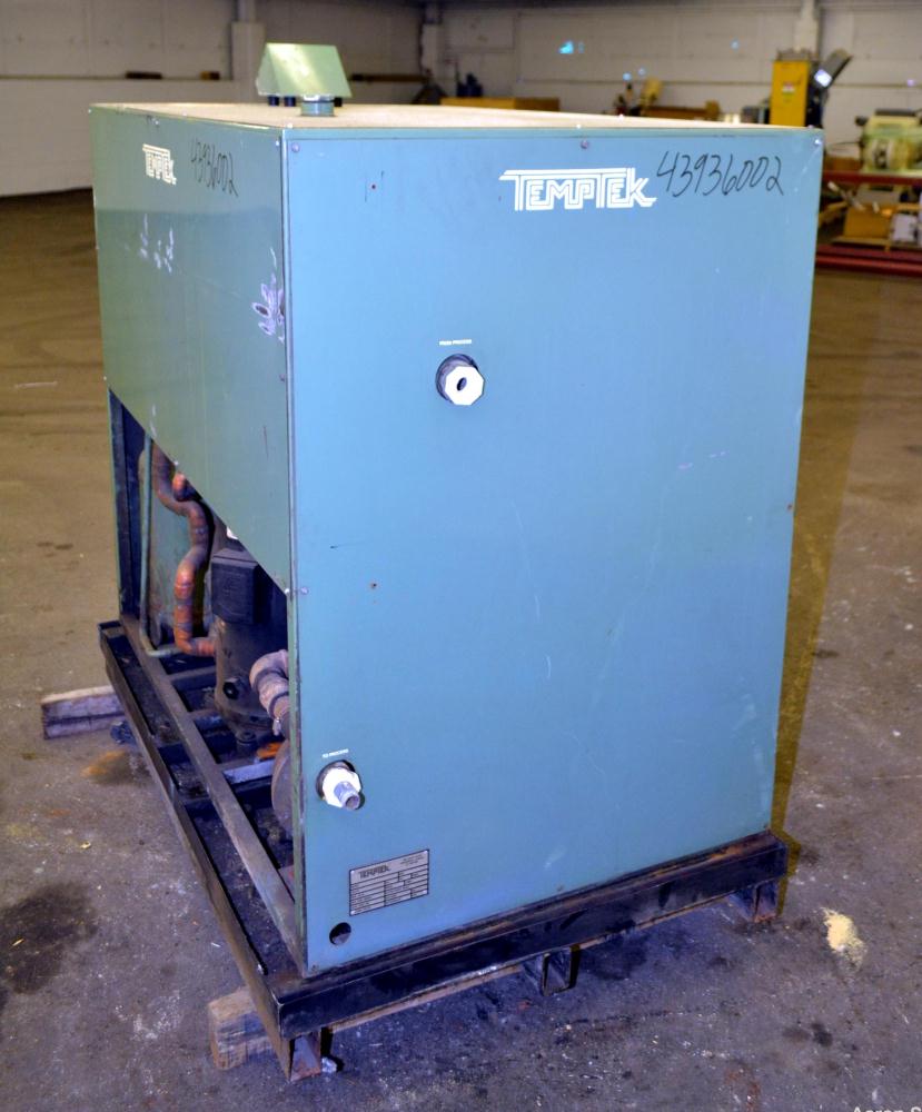 Used Temptek Air Cooled Chiller, Model A-10. Approximately 10 tons. Temperature range 20-60 degrees F. 3/60/460 volt.  Maximum operating pressure 100 psi, media water/glycol. Includes a digital contr...