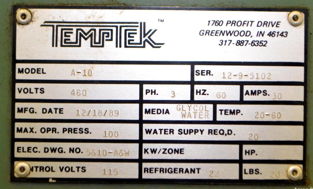 Used Temptek Air Cooled Chiller, Model A-10. Approximately 10 tons. Temperature range 20-60 degrees F. 3/60/460 volt.  Maximum operating pressure 100 psi, media water/glycol. Includes a digital contr...