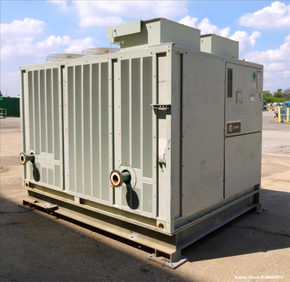 Used Trane IntelliPak Air-Cooled Chiller, 50 Tons, Model #CGAEC504ABA1WHR. R-22 Coolant. Design pressure 450 psi. 40 to 50 Degrees F without ice machine. (4) Compressor motors, (6) condenser fan moto...