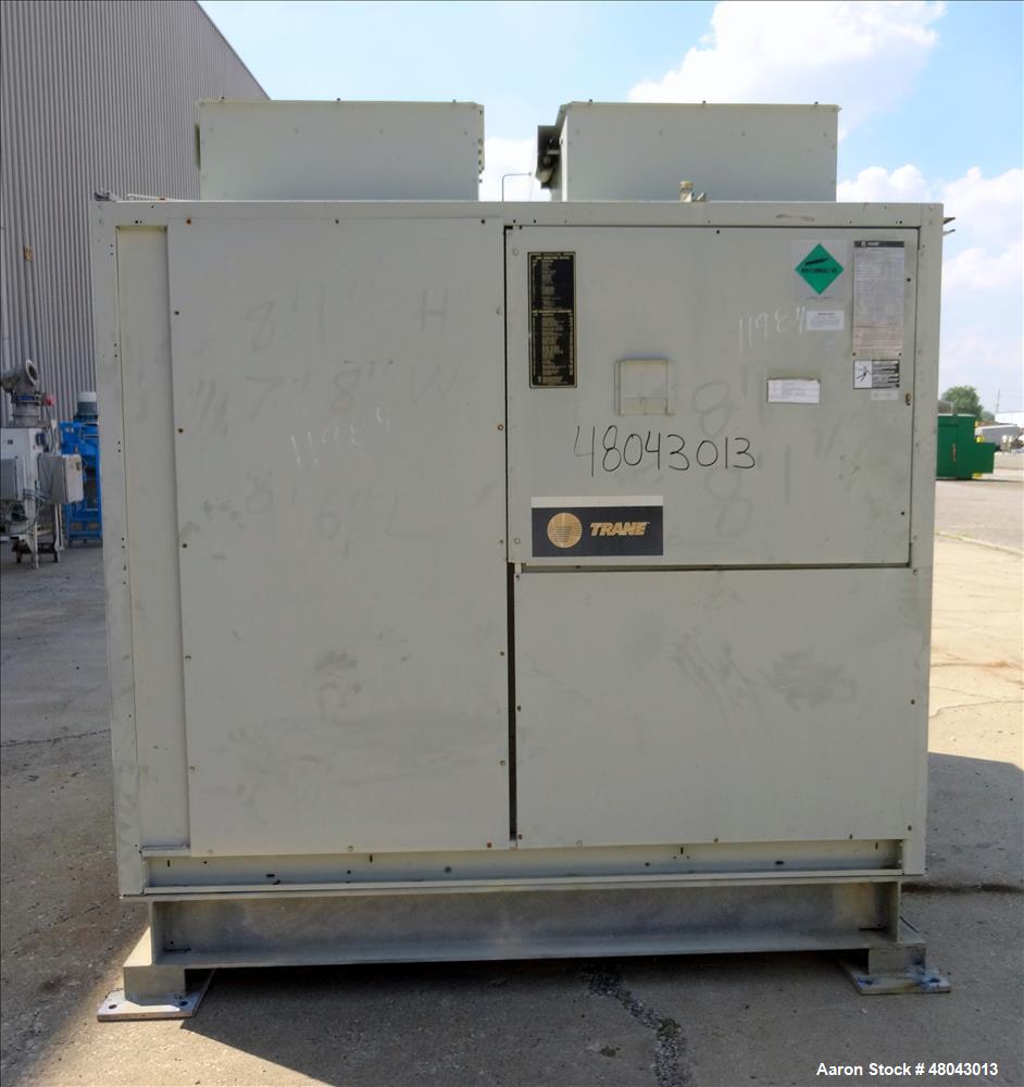 Used Trane IntelliPak Air-Cooled Chiller, 50 Tons, Model #CGAEC504ABA1WHR. R-22 Coolant. Design pressure 450 psi. 40 to 50 Degrees F without ice machine. (4) Compressor motors, (6) condenser fan moto...