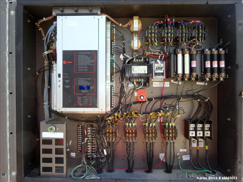 Used Trane IntelliPak Air-Cooled Chiller, 50 Tons, Model #CGAEC504ABA1WHR. R-22 Coolant. Design pressure 450 psi. 40 to 50 Degrees F without ice machine. (4) Compressor motors, (6) condenser fan moto...