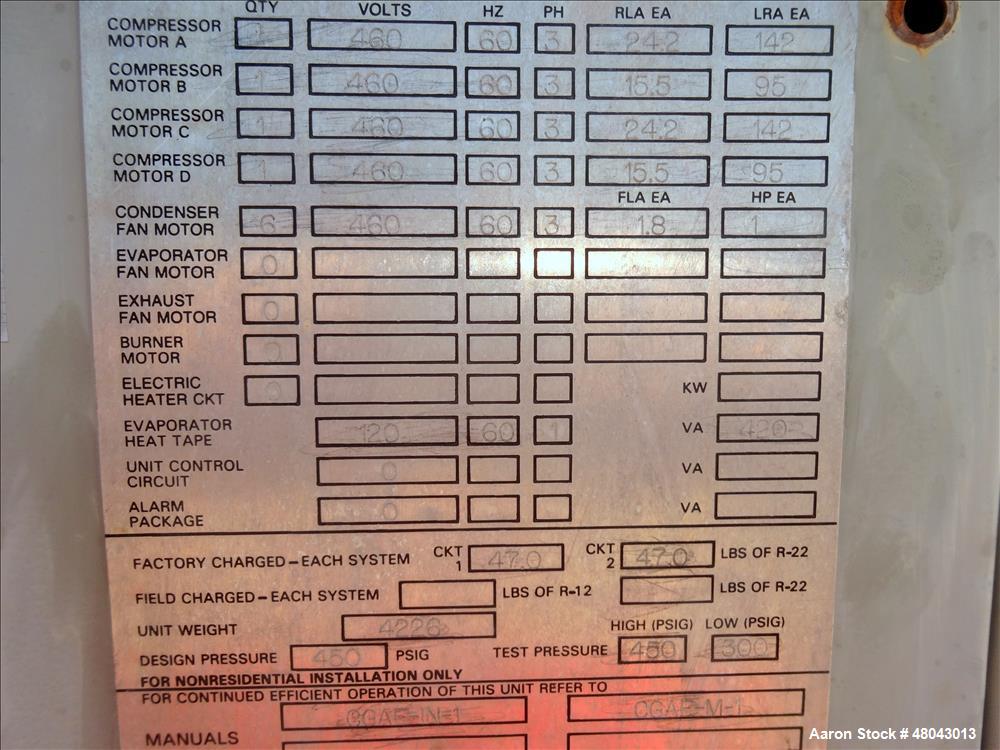 Used Trane IntelliPak Air-Cooled Chiller, 50 Tons, Model #CGAEC504ABA1WHR. R-22 Coolant. Design pressure 450 psi. 40 to 50 Degrees F without ice machine. (4) Compressor motors, (6) condenser fan moto...