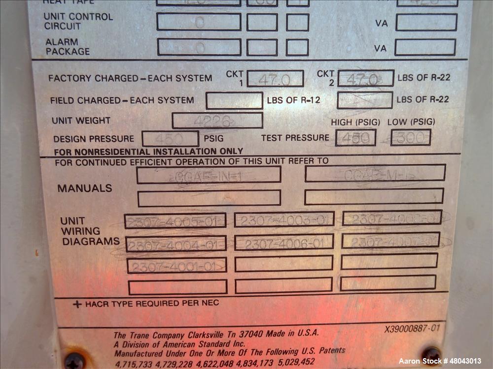 Used Trane IntelliPak Air-Cooled Chiller, 50 Tons, Model #CGAEC504ABA1WHR. R-22 Coolant. Design pressure 450 psi. 40 to 50 Degrees F without ice machine. (4) Compressor motors, (6) condenser fan moto...