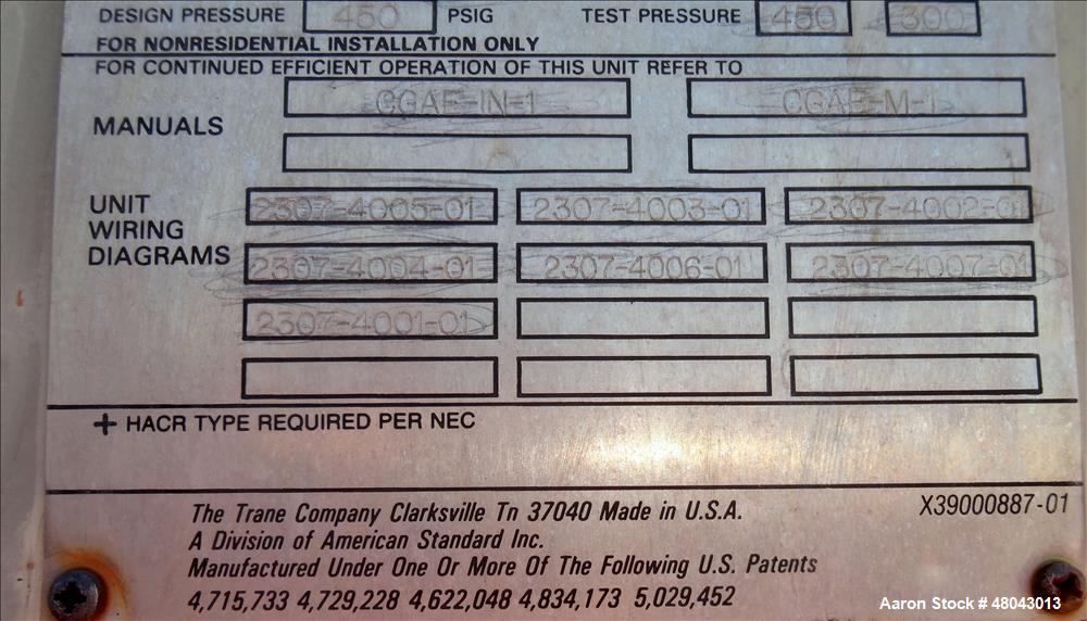Used Trane IntelliPak Air-Cooled Chiller, 50 Tons, Model #CGAEC504ABA1WHR. R-22 Coolant. Design pressure 450 psi. 40 to 50 Degrees F without ice machine. (4) Compressor motors, (6) condenser fan moto...
