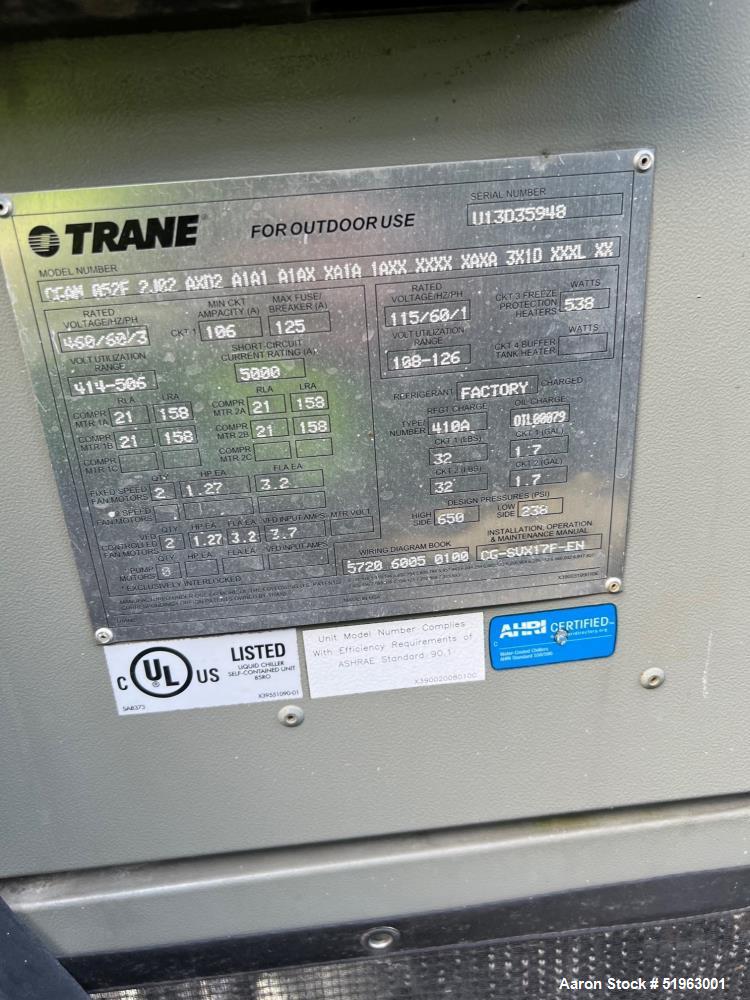 Used Trane Air Cooled Chiller; Model CGAM 052F 2J02 AXO2 A1A1 XA1A 1A XX XXXX XA