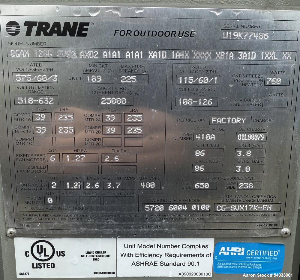 Unused Trane CGAM120G Air-Cooled Scroll Chiller – 120 Ton, R-410A, 575V, 2019 Build