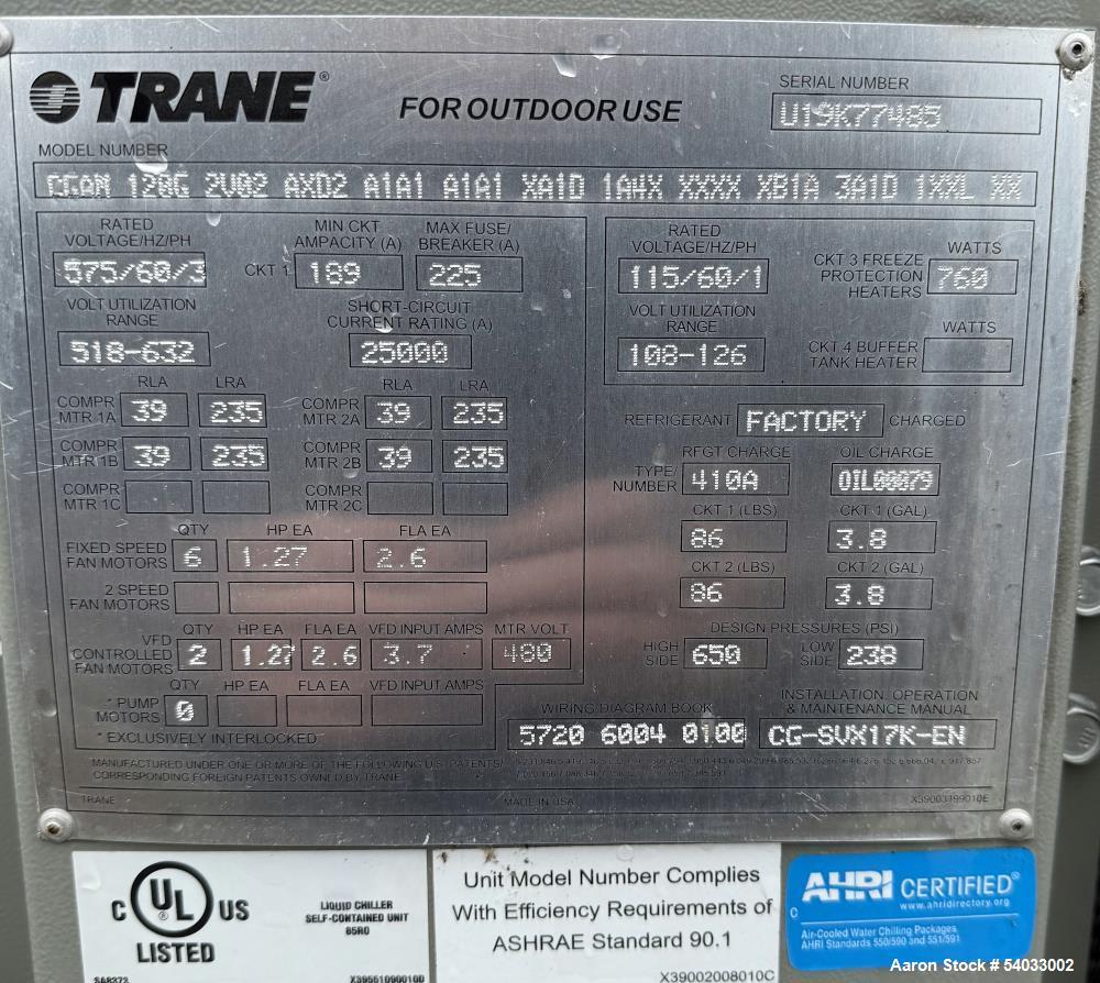 Trane CGAM120G 120 Ton Air-Cooled Chiller – Unused, 575V, R-410A Refrigerant