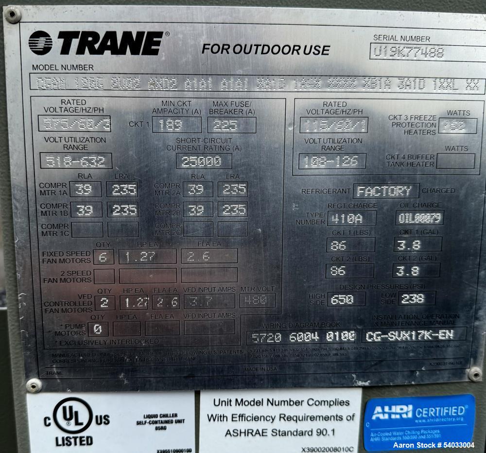 Unused Trane Packaged Chiller CGAM120G – 120 Ton, R-410A, Built 2019