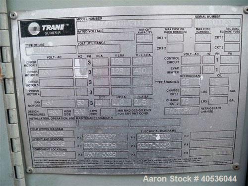 Used Trane 100 Nominal Ton Air Cooled Screw Chiller. Trane model RTAA1004YH01A3DOF. Designed for 460/3/60 volt operation. Year 1997.