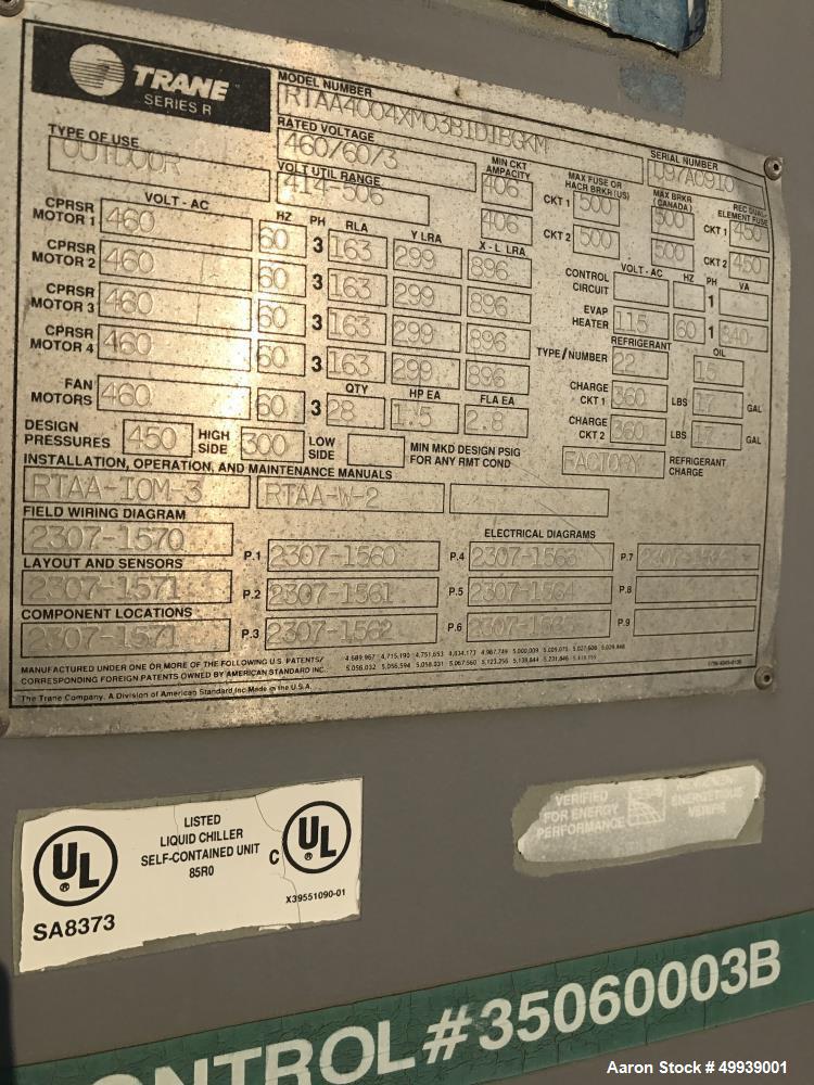Used Trane Air Cooler Chiller, Model RTAA4004XM03BIDIBGKM.