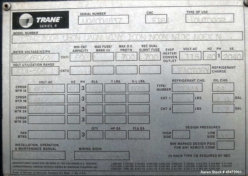 Used Trane Chiller, 300 Ton, Model RTAC 3004 UHON W1NY 1CDN NCON N10C NOEX N