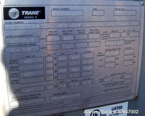 Used- Trane Air Cooled Chiller, 250 Ton, Model RTAC2504UDONUAFNN1NY1TENBAONN1ONROFXN, manufactured in 2002. Designed for 460...