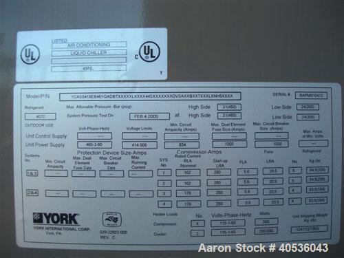 Unused-York 418 ton, model YCAS0418EB46YGADBT screw compressor, 430/3/60 volts. R-407C refrigerant, high efficiency, Black Fin condenser coils, louvered enclosure panels and many more options.