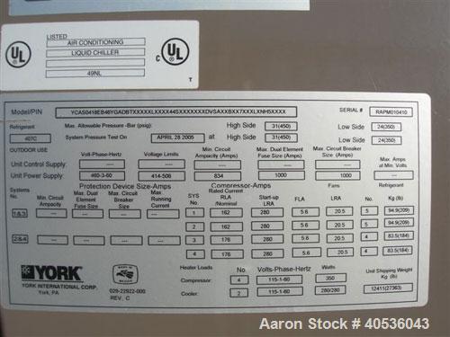 Unused-York 418 ton, model YCAS0418EB46YGADBT screw compressor, 430/3/60 volts. R-407C refrigerant, high efficiency, Black Fin condenser coils, louvered enclosure panels and many more options.