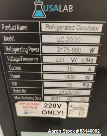 Used- USA Lab Refrigerated Circulator / Chiller, UC-20/20. 20L Reservoir. Refrigerating 3,000 - 10,500 BTU's. Circulating pu...