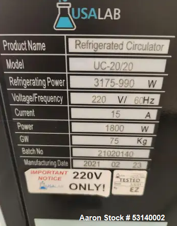 Gebraucht - USA Lab Gekühlte Umwälzpumpe / Kühler, UC-20/20. 20L Reservoir. Kühlung von 3.000 - 10.500 BTU's. Umwälzpumpe 10...