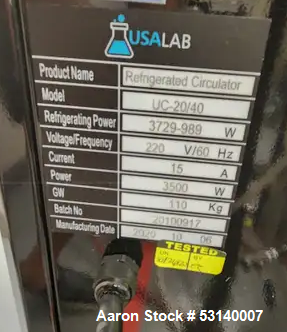 Used- USA Lab Refrigerating Chiller, Model UC-20/40. Pump flow rate 30L Per minute. 20L Reservoir. Refrigerating BTU 3,300 t...