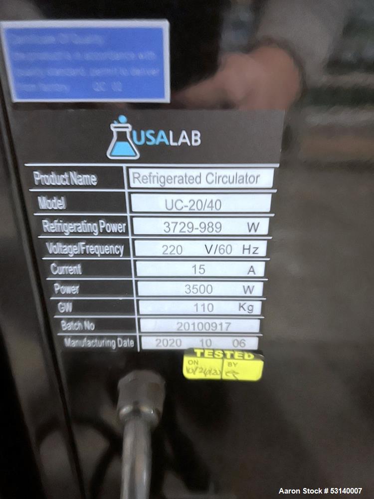 Used- USA Lab Refrigerating Chiller, Model UC-20/40. Pump flow rate 30L Per minute. 20L Reservoir. Refrigerating BTU 3,300 t...