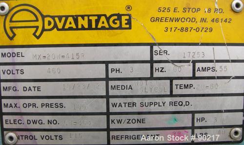 USED: Advantage portable chiller, maximum series, 20 ton, model MK-20W-415R. 3/60/460 volt, 33 amp. Media glycol/water. Temp range 20-60, max 100 psi. (2) 10 hp compressors, 3 hp pump, 48 gpm. (1) ta...