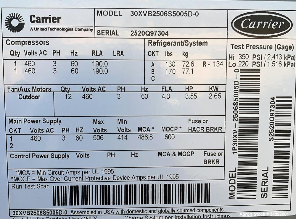 Used Carrier AquaForce Variable Speed Air-Cooled Screw Chiller – Model 30XVB2506S5005D-0 (253.5 Tons, 2020)