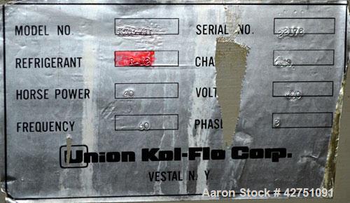 Used Union Kol-Flo Chiller, Model KXP-40. Approximate 40 tons. Driven by a 40 hp, 3/60/460 volt XP motor. R-134 Refrigerant. Compressor is manufactured by Carrier. It is a model number 5H60-170.