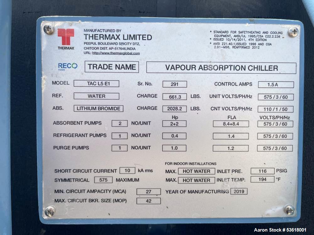 Used Thermax TAC L5 E1 Vapor Absorption Chiller – 276 Ton, 970 kW, 2019 Build, 200 Hours