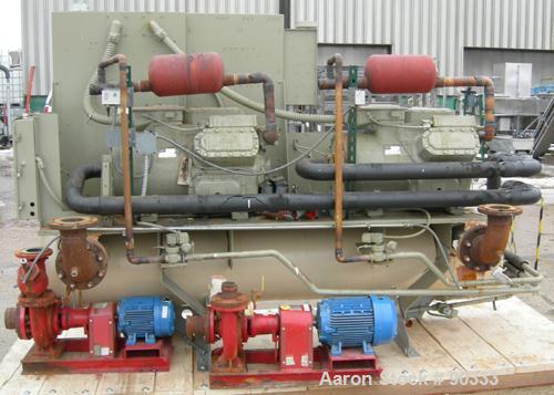 USED: Trane air cooled compressor chiller, 120 ton, Series R, model CCACD121RGNLR6237ADFGHP. 3/60/460 volt. (2) 60 ton compressors, model CRHR600K4HAO. Test high side 450 psig, low side 300 psig. Eva...
