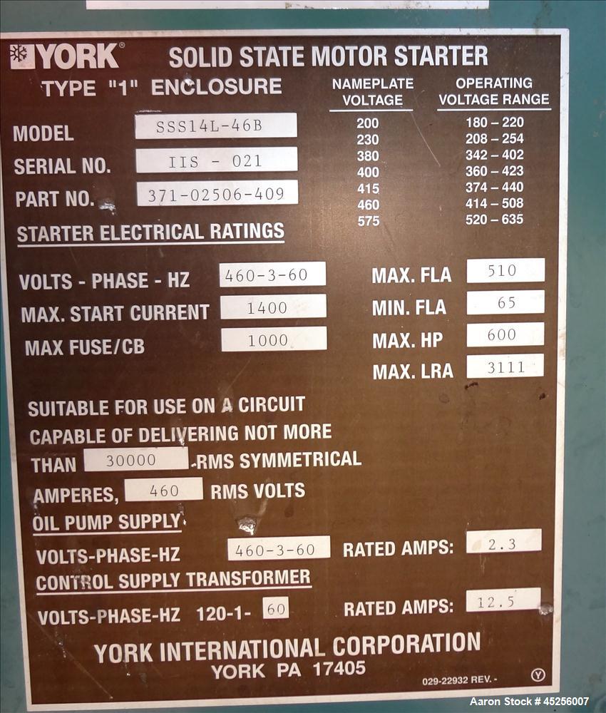 Used York Millennium Rotary Screw Liquid Chilling System, Approximate 350 Ton, Model YS-DB-DA-S2-CJE. Refirg. designed working pressure 300 psi, Liquid design working pressure 150 psi. 910 Pound char...