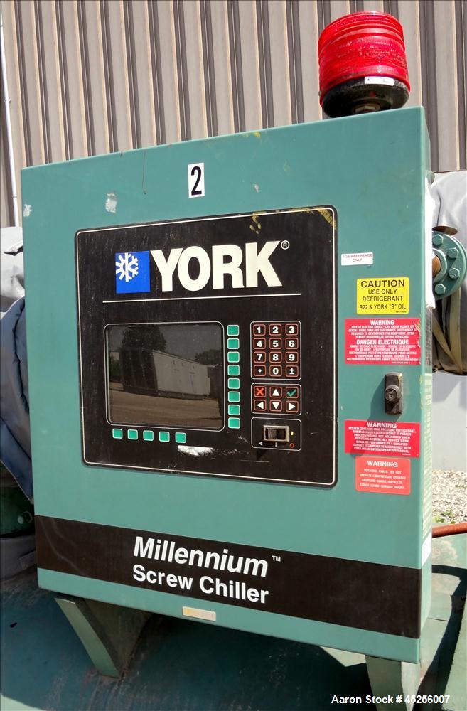 Used York Millennium Rotary Screw Liquid Chilling System, Approximate 350 Ton, Model YS-DB-DA-S2-CJE. Refirg. designed working pressure 300 psi, Liquid design working pressure 150 psi. 910 Pound char...