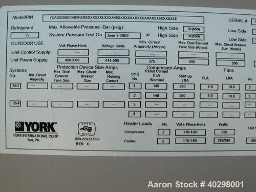 Used York 200 ton Millennium screw chiller. Year 2002. Max allowable pressure-bar (psig) high side (31) 450, low side (24) 350.