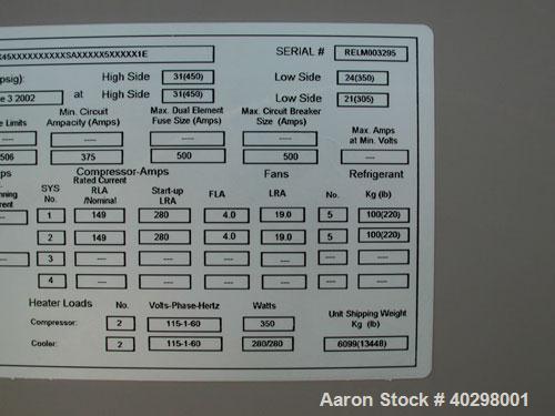 Used York 200 ton Millennium screw chiller. Year 2002. Max allowable pressure-bar (psig) high side (31) 450, low side (24) 350.