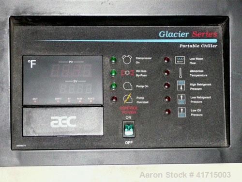 Used AEC Glacier Series Water Cooled Portable Chiller, Model NXGW-25. Cooling capacity 24 tons, chilled water 60 gallons per minute. Minimum temperature 30 deg F, maximum 65 deg F. 30 pounds of R-22 ...