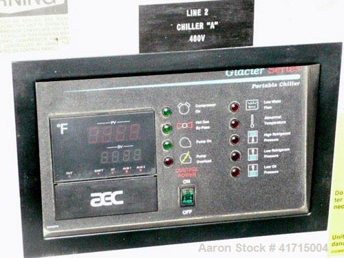 Used AEC Glacier Series Water Cooled Portable Chiller, Model NXGW-25. Cooling capacity 24 tons, chilled water 60 gallons per minute. Minimum temperature 30 deg F, maximum 65 deg F. 30 pounds of R-22 ...