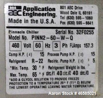 Used AEC Pinnacle Series Central Chiller System, Model PINN2-60-W-Q. Cooling capacity 57 tons. 3/60/460, chilled water 137 gallons per minute. Minimum temperature 30 degrees F, maximum temperature 65...