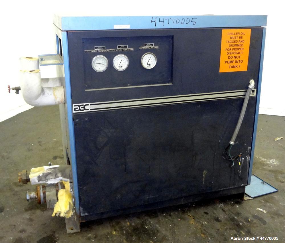 Used AEC Water Cooled Chiller, Model WC-15-Q. Cooling capacity 15 tons, chilled water 36 gallons per minute. Minimum temperature 20 degrees F, heat transfer fluid: 30/70 antifreeze/water, 30 pounds o...
