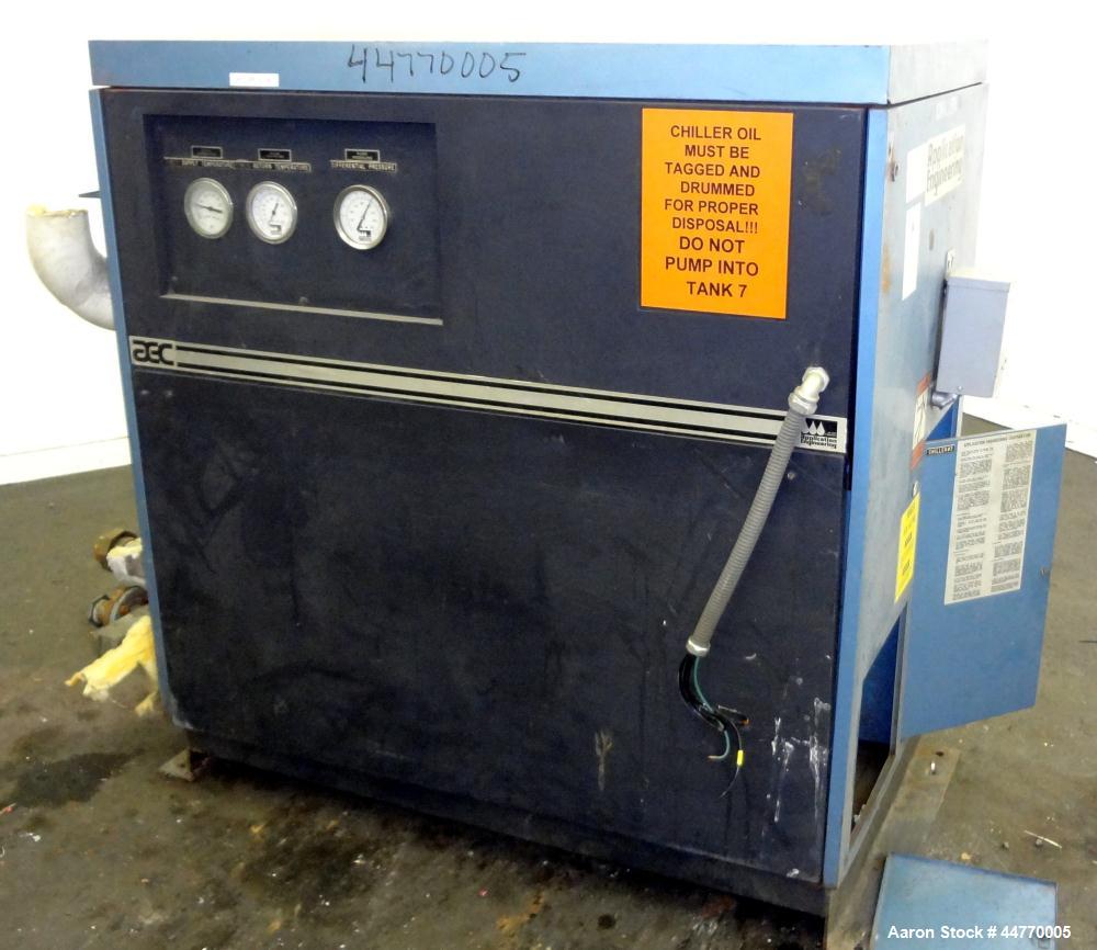 Used AEC Water Cooled Chiller, Model WC-15-Q. Cooling capacity 15 tons, chilled water 36 gallons per minute. Minimum temperature 20 degrees F, heat transfer fluid: 30/70 antifreeze/water, 30 pounds o...