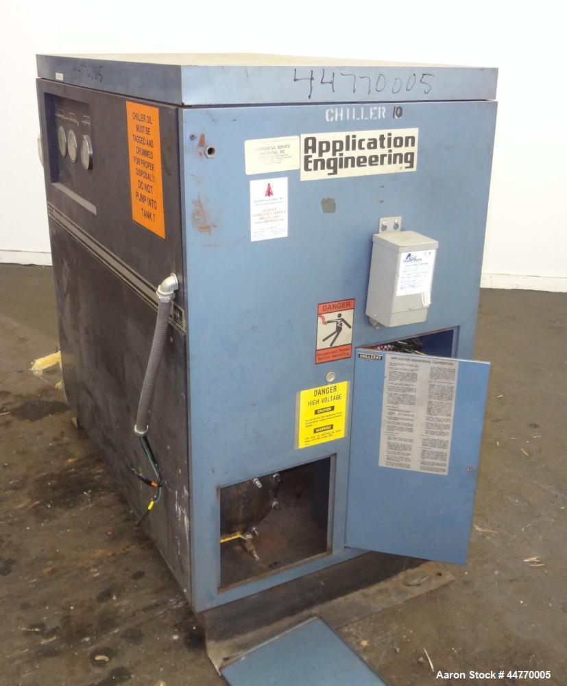 Used AEC Water Cooled Chiller, Model WC-15-Q. Cooling capacity 15 tons, chilled water 36 gallons per minute. Minimum temperature 20 degrees F, heat transfer fluid: 30/70 antifreeze/water, 30 pounds o...