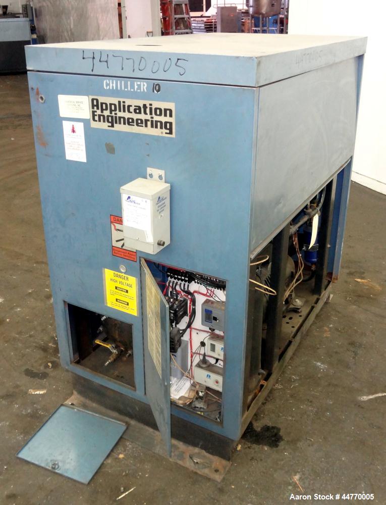 Used AEC Water Cooled Chiller, Model WC-15-Q. Cooling capacity 15 tons, chilled water 36 gallons per minute. Minimum temperature 20 degrees F, heat transfer fluid: 30/70 antifreeze/water, 30 pounds o...
