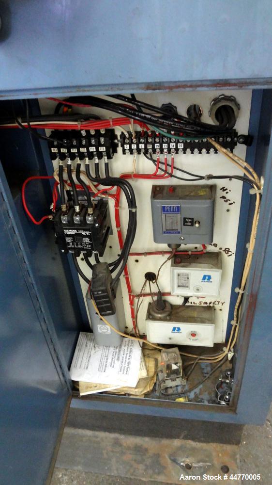 Used AEC Water Cooled Chiller, Model WC-15-Q. Cooling capacity 15 tons, chilled water 36 gallons per minute. Minimum temperature 20 degrees F, heat transfer fluid: 30/70 antifreeze/water, 30 pounds o...