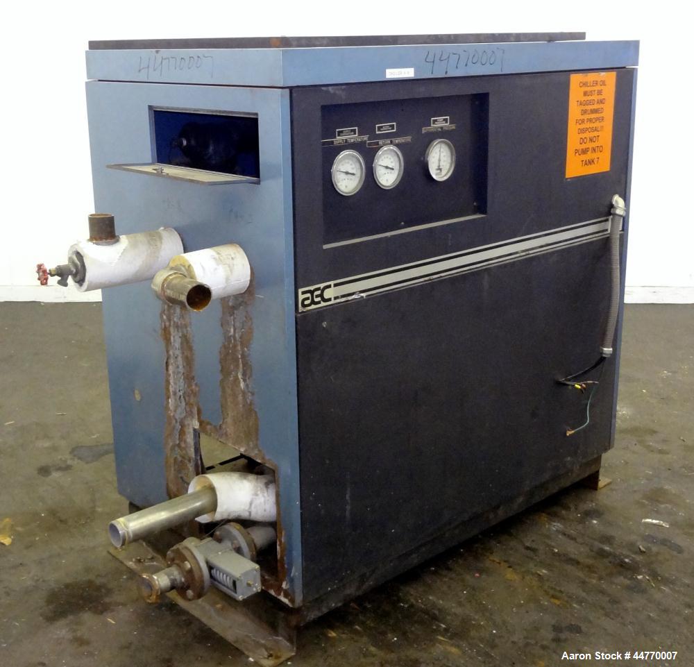 Used AEC Water Cooled Chiller, Model WC-15-Q. Cooling capacity 15 tons, chilled water 36 gallons per minute. Minimum temperature 20 degrees F, heat transfer fluid: 30/70 antifreeze/water, 30 pounds o...